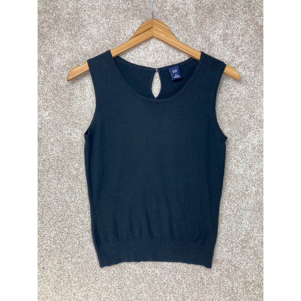Gap Sleeveless Knit Top Womens M Black Keyhole Back Cotton Crew Neck Minimalist